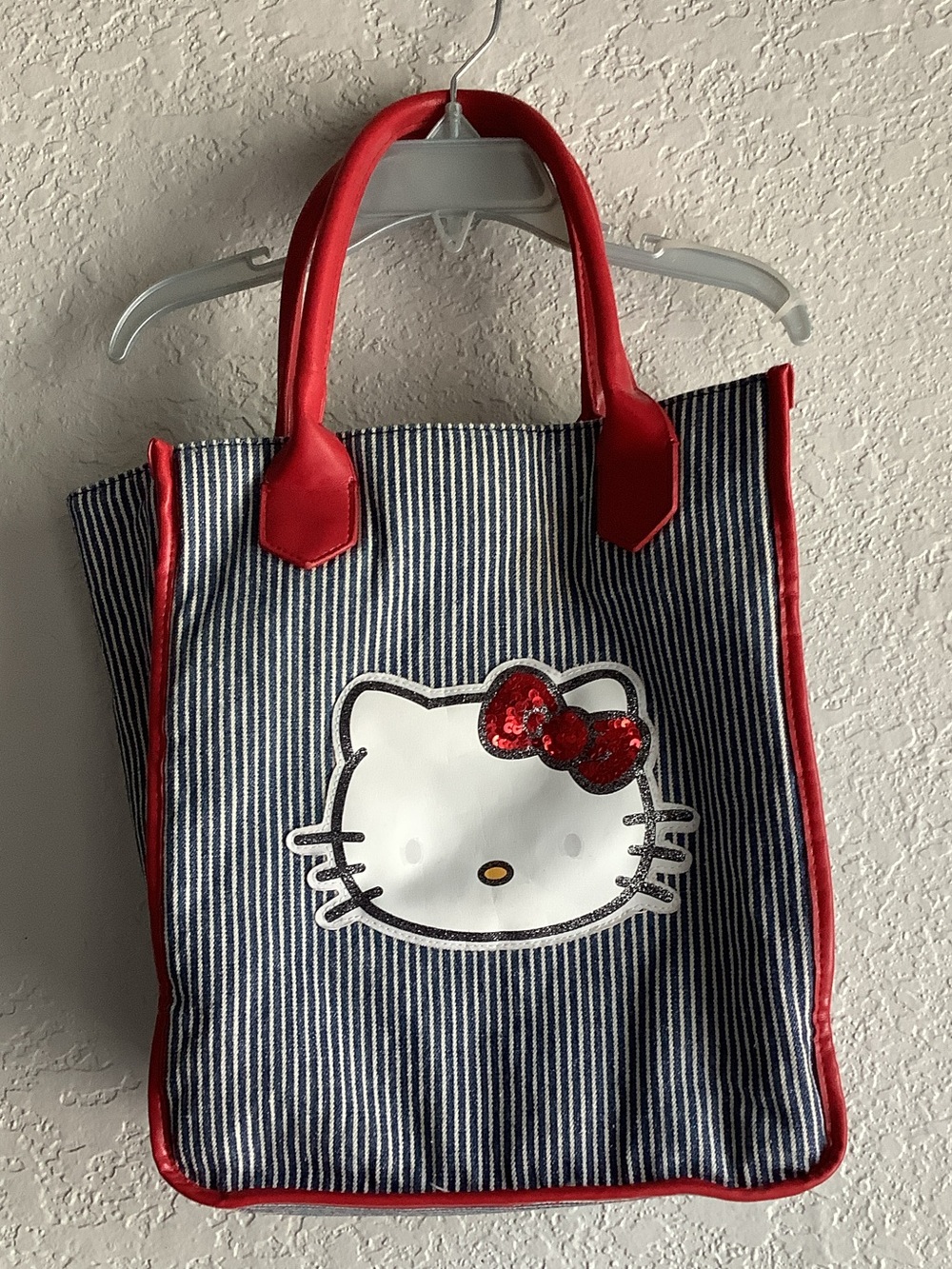 Striped Navy Tote with Red Trim and Sequin Bow Accent